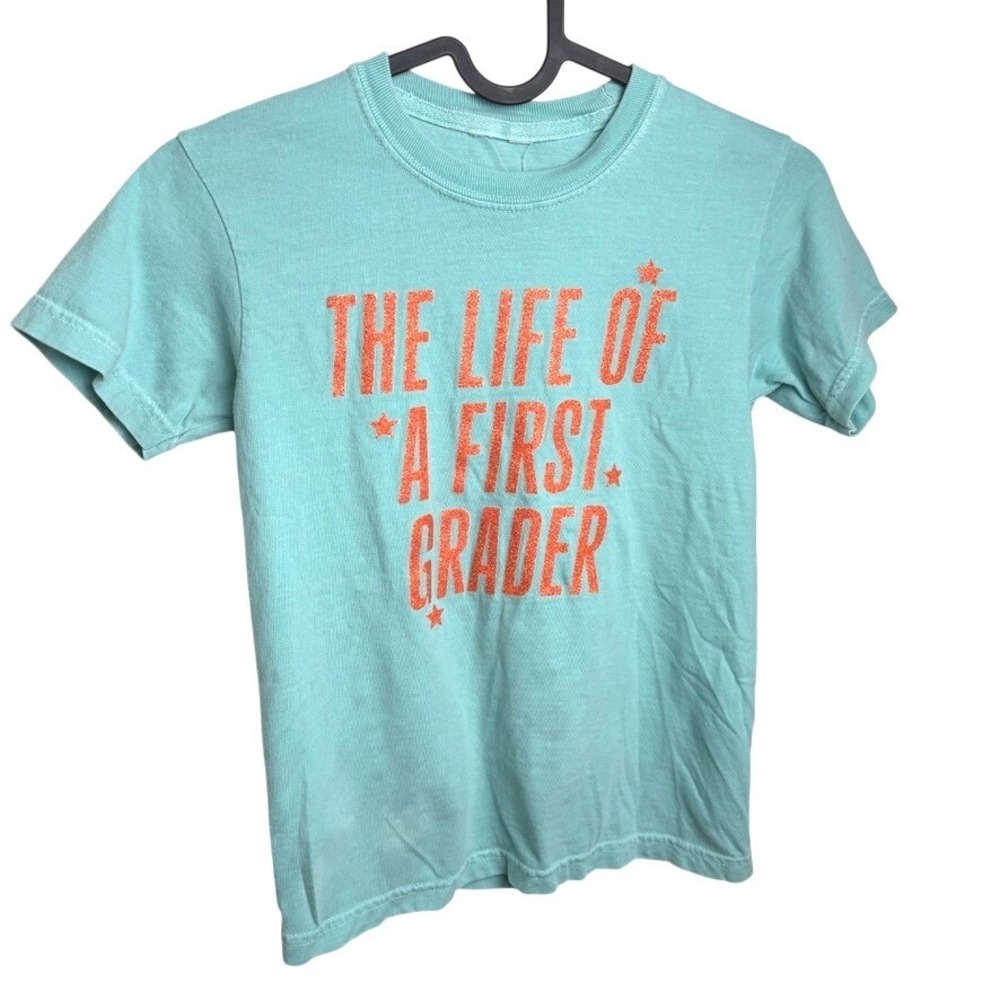 Comfort Colors Kids First‎ Grader Tee S Teal Orange Glitter School Shirt Sparkle